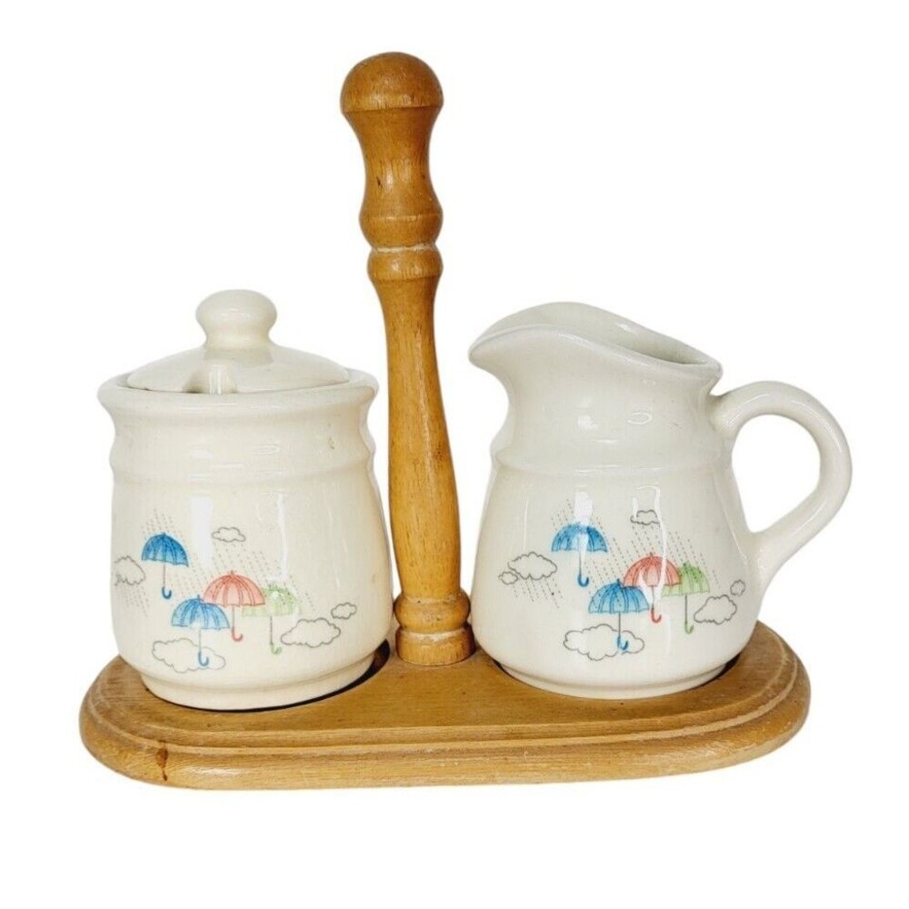 Vintage 80s Stoneware Rainy Day Umbrellas Sugar Bowl & Creamer Set on Wood Stand